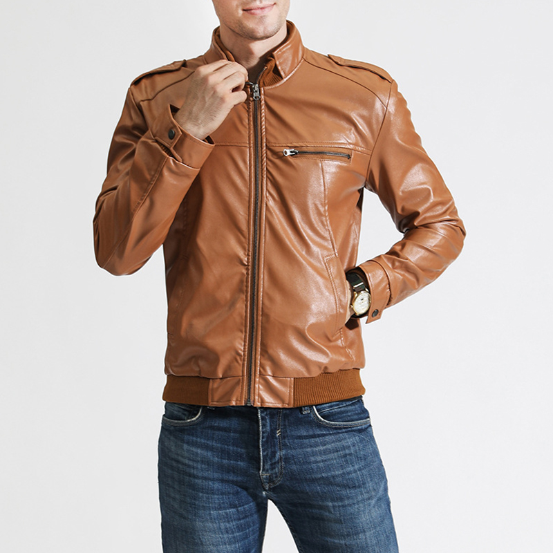 

Lovely Casual Mandarin Collar Zipper Design Brown Leather