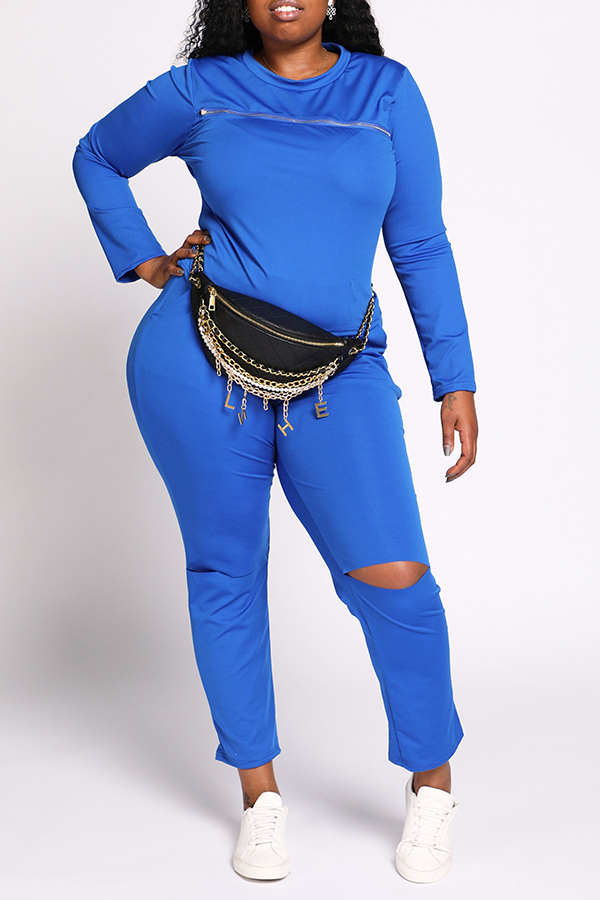 

Lovely Casual Broken Holes Blue Plus Size Two-piece Pants Set