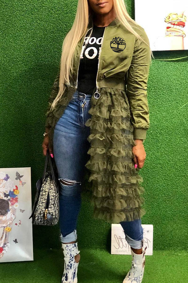 Lovely Casual Ruffle Design Army Green Coat