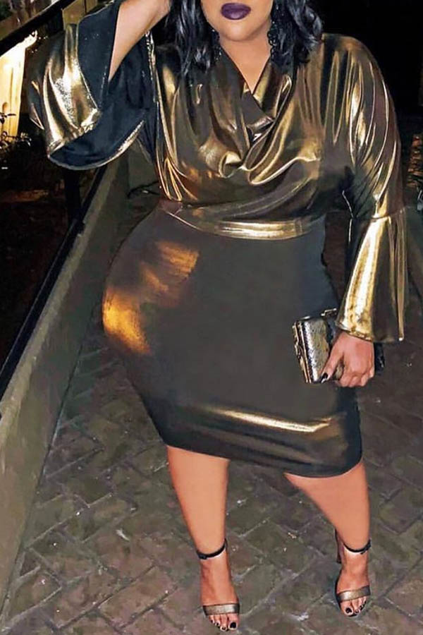 

Lovely Casual V Neck Patchwork Gold Knee Length Plus Size Dress