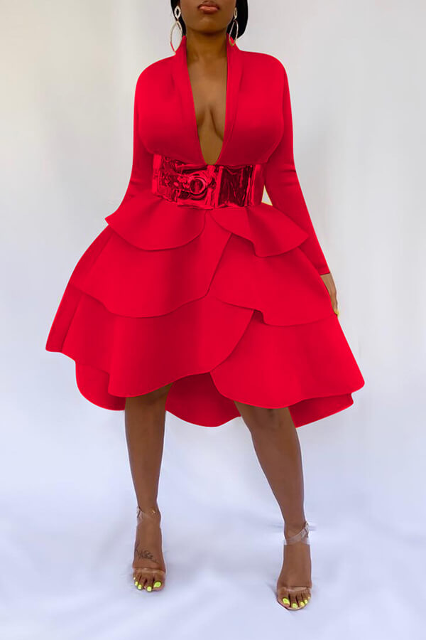 

Lovely Sweet V Neck Flounce Design Red Knee Length Dress(Without Belt