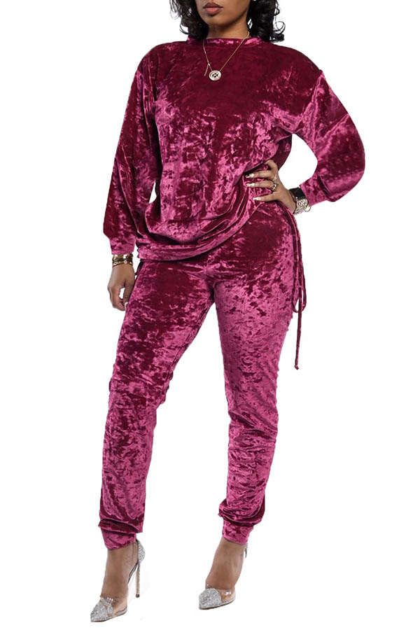 

Lovely Casual Basic Drawstring Purple Two-piece Pants Set