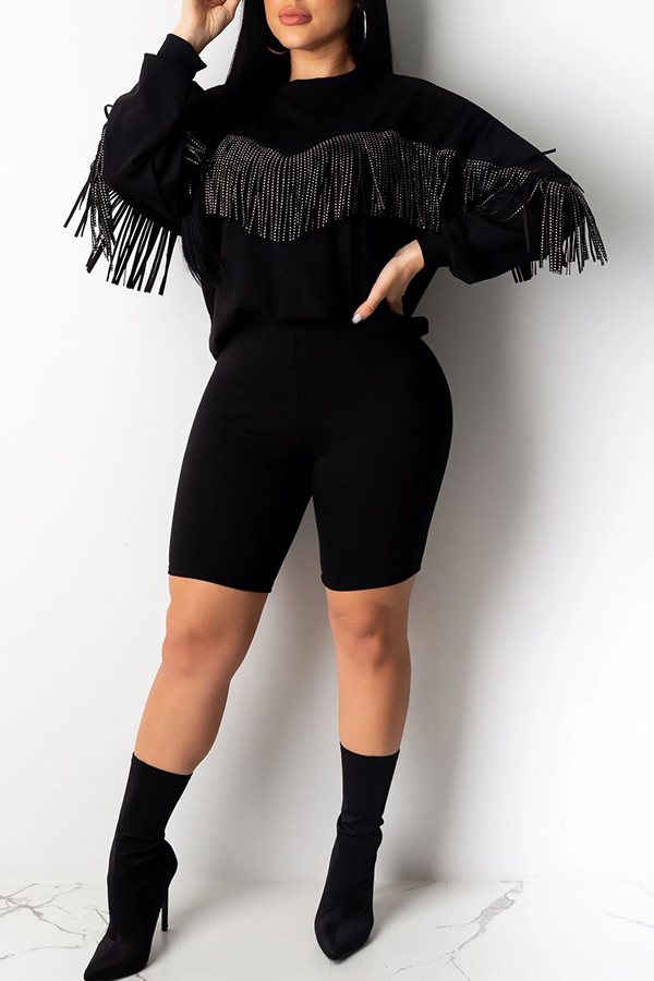 

Lovely Casual Tassel Design Black Two-piece Shorts Set