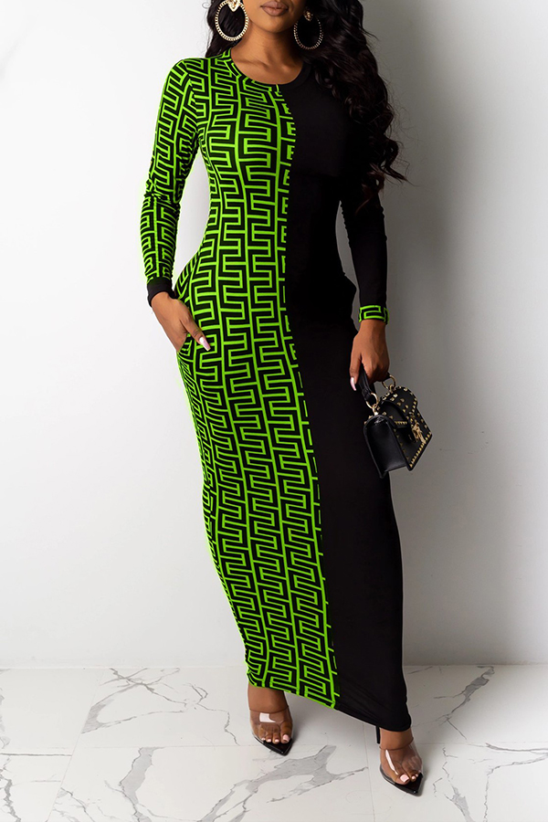 

Lovely Casual Patchwork Green Ankle Length Dress