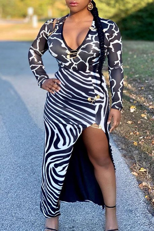 

Lovely Casual V Neck Zebra Stripe Ankle Length Dress