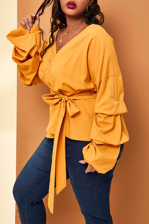 Lovely Casual Lace-up Yellow Plus Size Blouse