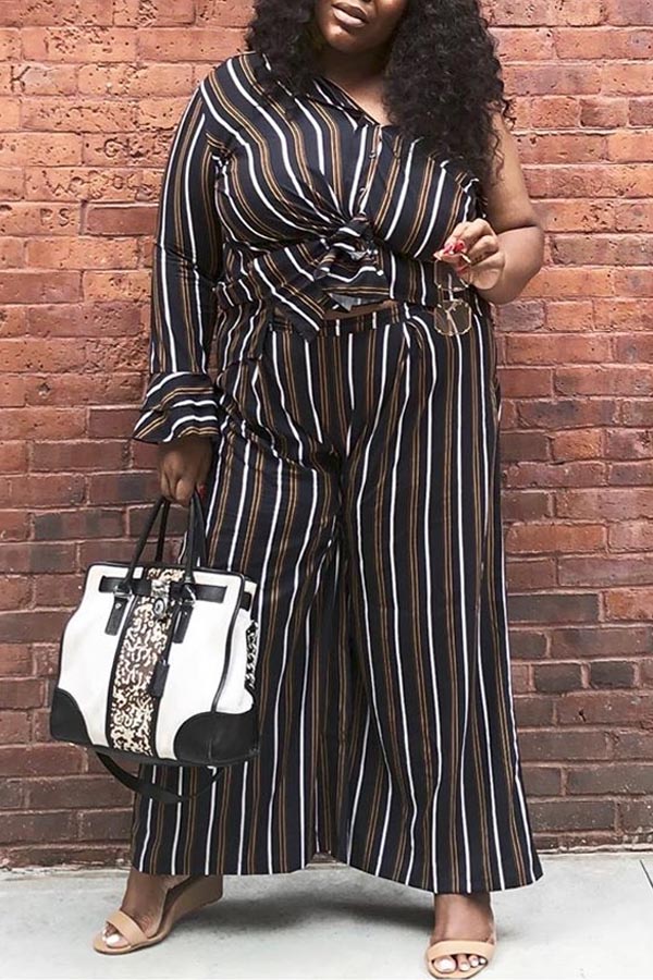 Cheap Plus Size Two Pieces Lovely Casual Striped Loose Black Plus Size