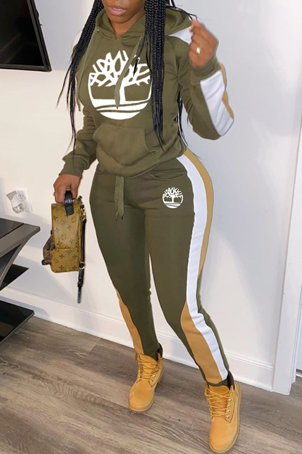 

Lovely Casual Hooded Collar Printed Army Green Two-piece Pants Set