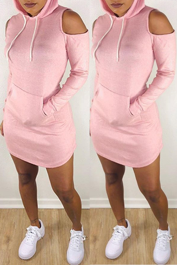 

Lovely Casual Hooded Collar Dew Shoulder Pink Mini Dress