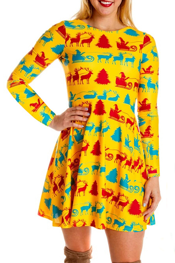 

Lovely Christmas Day Printed Yellow Knee Length Dress