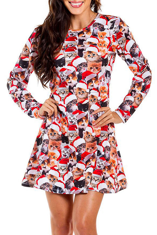 

Lovely Christmas Day Printed Red Knee Length Dress