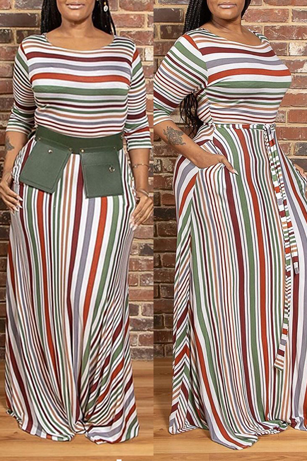 Cheap Plus Size Dress Lovely Casual Striped Multicolor Floor Length Pl