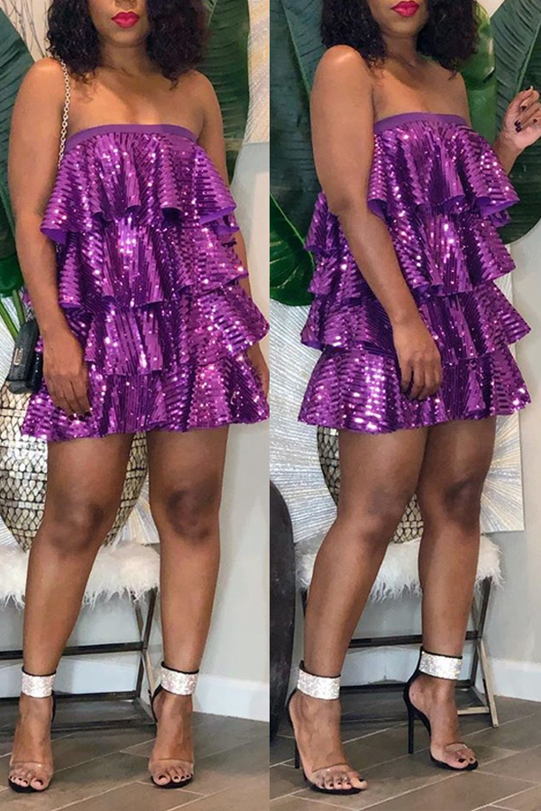 

Lovely Sweet Flounce Design Purple Mini Cake Dress