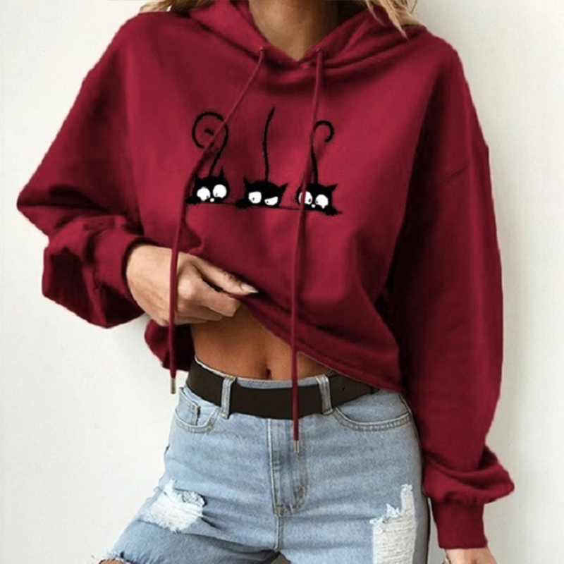 

Lovely Casual O Neck Printed Wine Red Hoodie