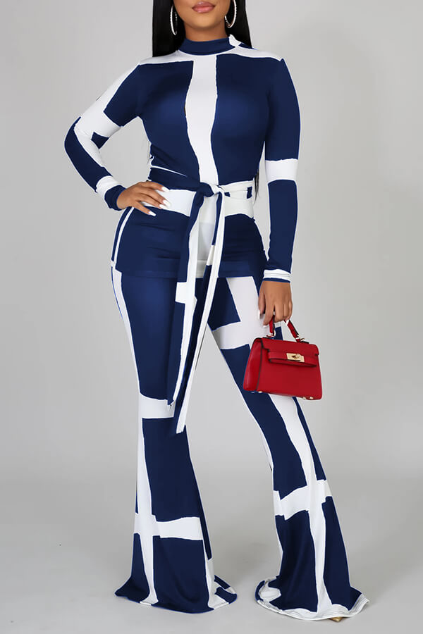 

Lovely Casual Patchwork Blue Two-piece Pants Set