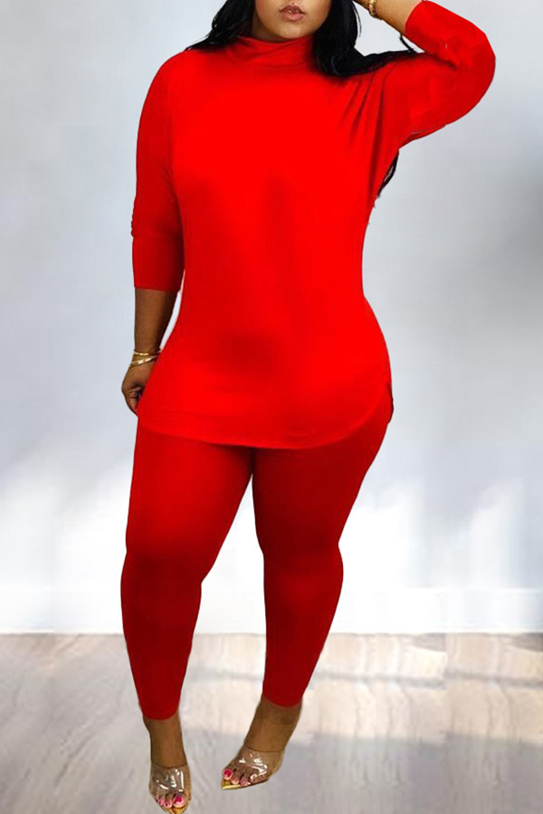 

Lovely Casual Turtleneck Red Two-piece Pants Set