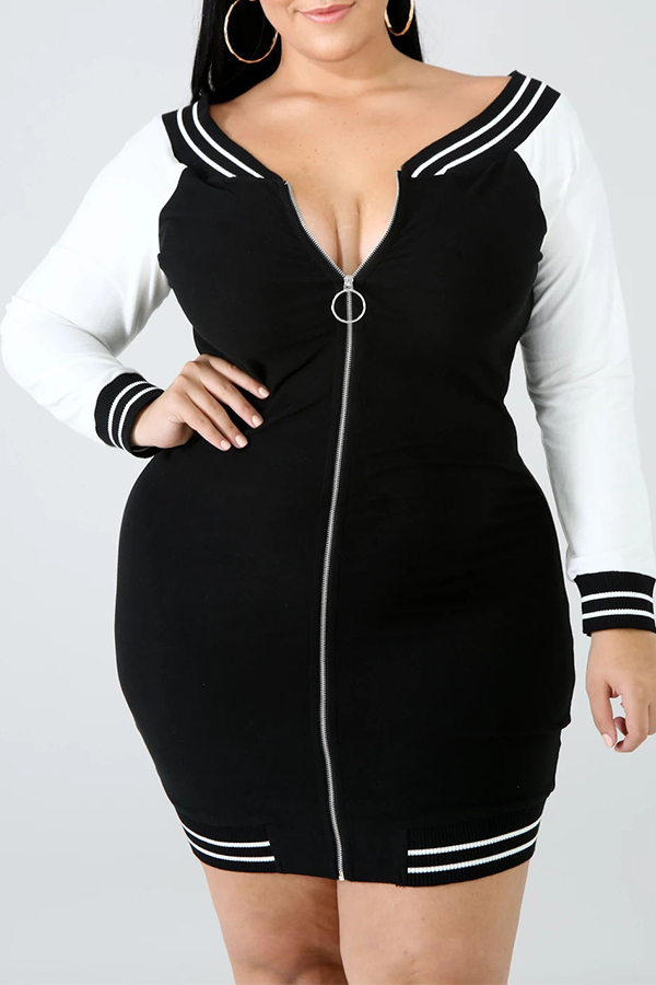 

Lovely Casual Zipper Design Black Plus Size Mini Dress