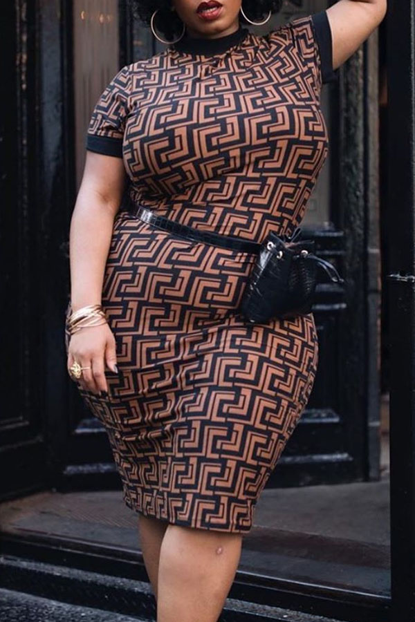 

Lovely Casual Printed Brown Knee Length Plus Size Dress