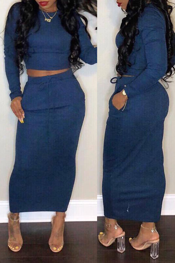 

Lovely Casual Skinny Basic Blue Two-piece Skirt Set