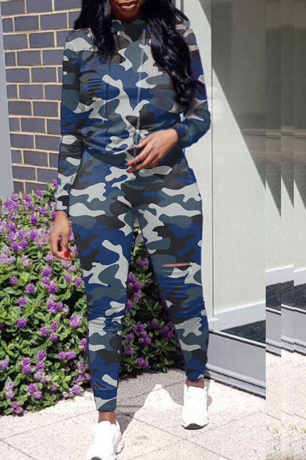 Cheap Two-piece Pants Set Lovely Casual Hooded Collar Camouflage Print