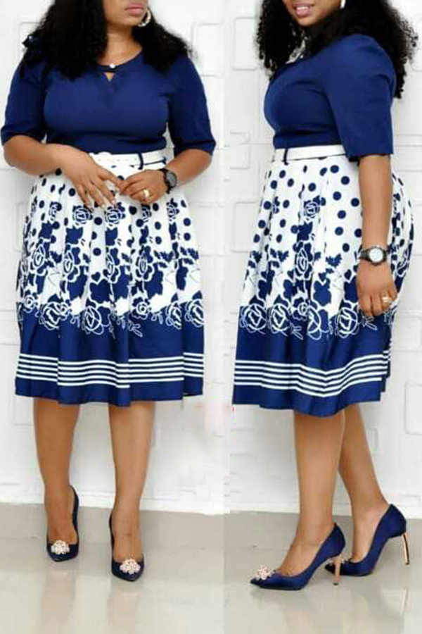 

Lovely Casual Printed Dark Blue Knee Length Plus Size Dress