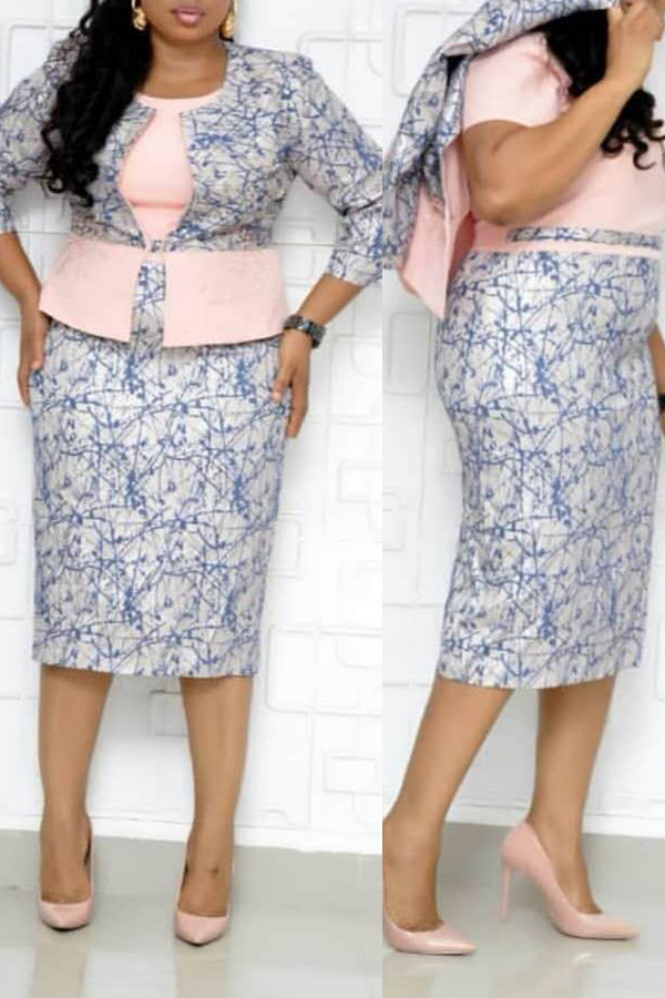 Lovely Casual Printed Pink Plus Size Two-piece Skirt Set