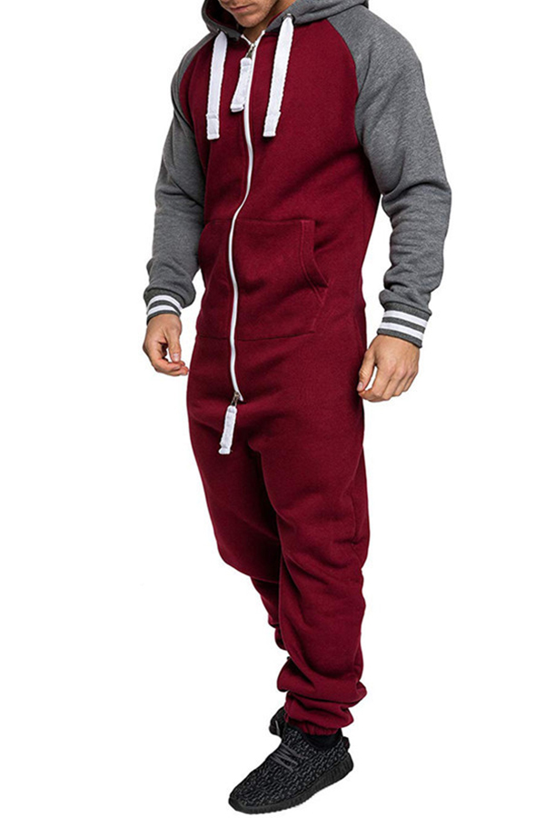 Cheap Men Jumpsuit Lovely Casual Hooded Collar Patchwork Red Two-piece