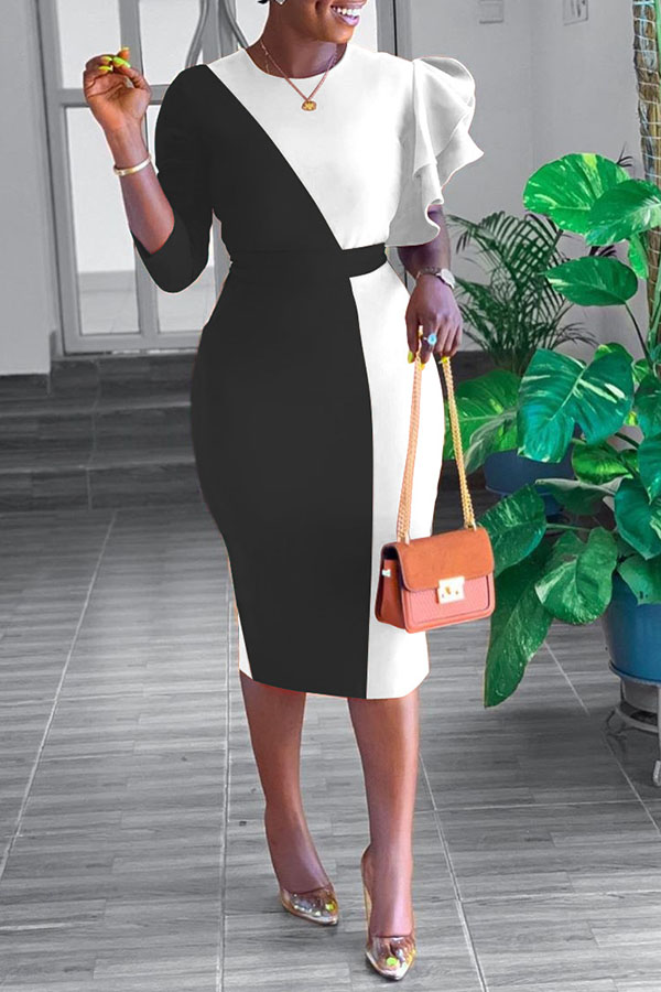

Lovely Sweet Patchwork Black And White Knee Length Dress