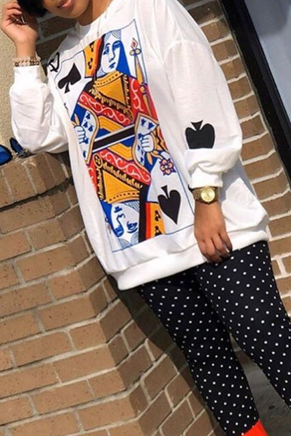 

Lovely Casual O Neck Printed White Sweatshirt Hoodie