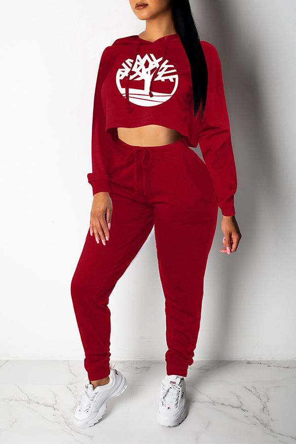 

Lovely Leisure Hooded Collar Printed Wine Red Two-piece Pants Set
