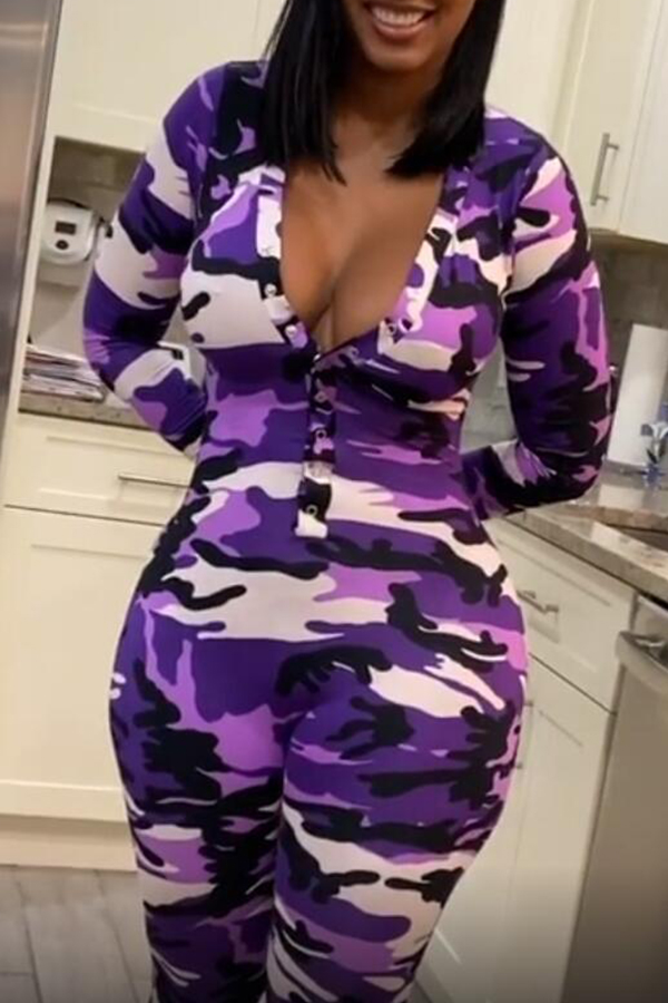 

Lovely Casual Camouflage Printed Purple One-piece Jumpsuit