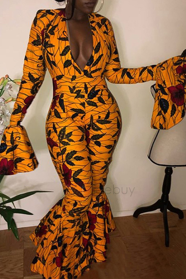 

Lovely Sweet Printed Flounce Design Yellow One-piece Jumpsuit