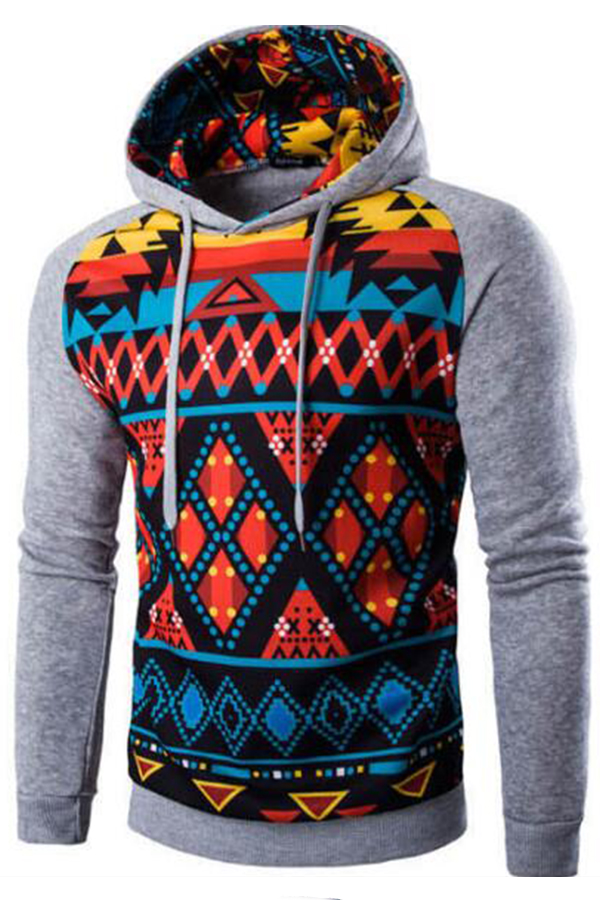 

Lovely Casual Hooded Collar Geometric Printed Light Grey Hoodie