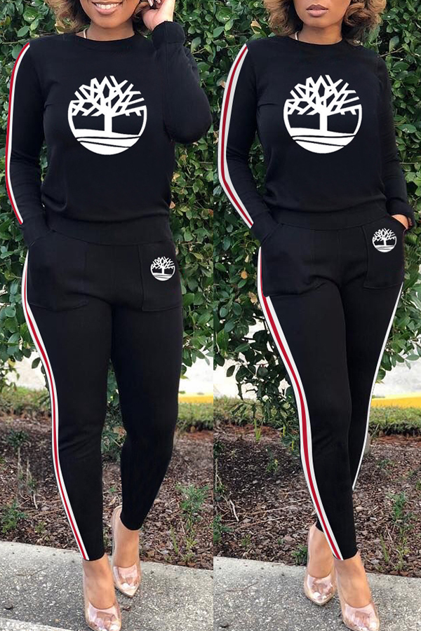 

Lovely Casual O Neck Printed Black Two-piece Pants Set
