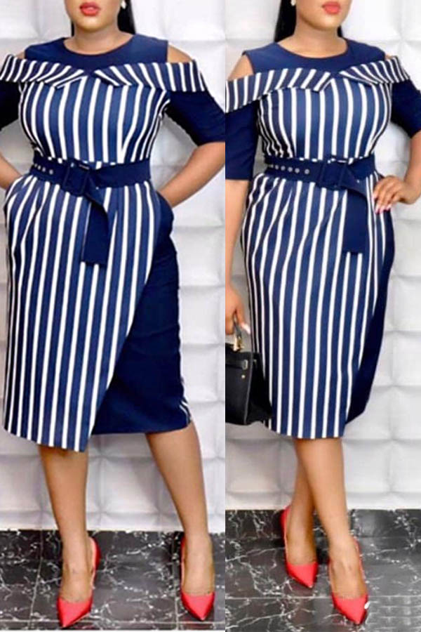 

Lovely Work Striped Dark Blue Knee Length Dress