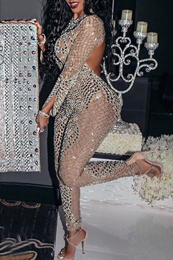 

Lovely Sexy Hot Drilling Decorative Apricot One-piece Jumpsuit