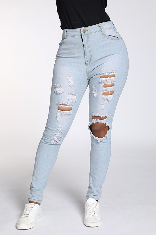 

Lovely Casual Broken Holes Baby Blue Jeans