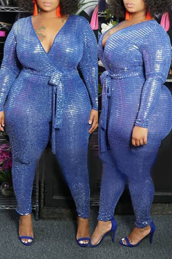 

Lovely Trendy V Neck Blue Plus Size One-piece Jumpsuit