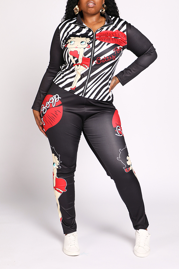 

Lovely Casual Lip Printed Black Plus Size Two-piece Pants Set