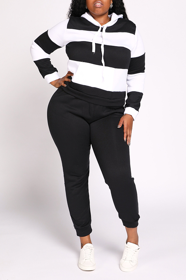 

Lovely Casual Striped Patchwork Black Plus Size Two-piece Pants Set