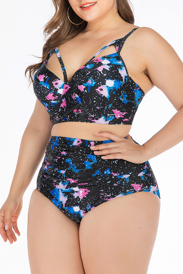 

Lovely Printed Black Plus Size Two-piece Swimwear