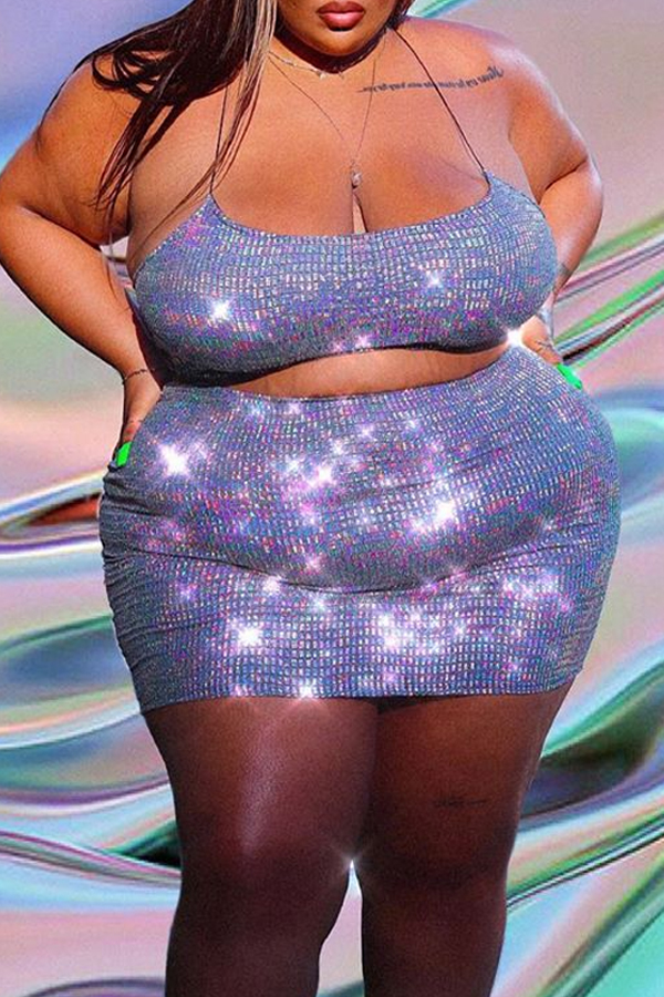 

Lovely Trendy Sleeveless Silver Plus Size Two-piece Skirt Set