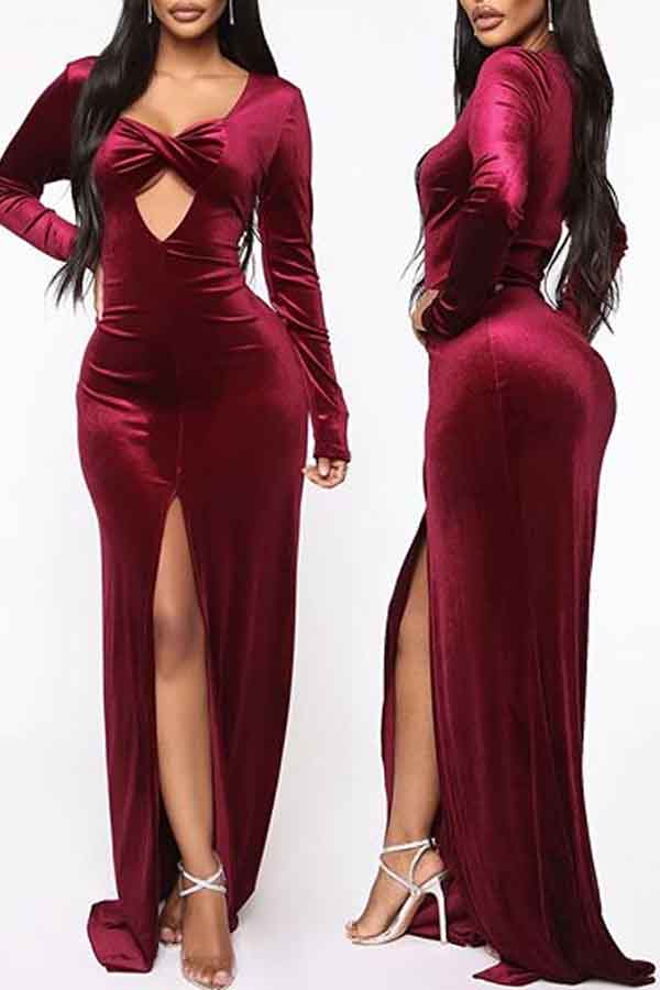

Lovely Party Side High Slit Wine Red Evening Dress