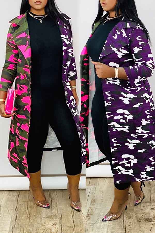 

Lovely Casual Camo Purple Trench Coat