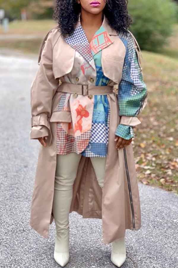 

Lovely Casual Patchwork Khaki Trench Coat
