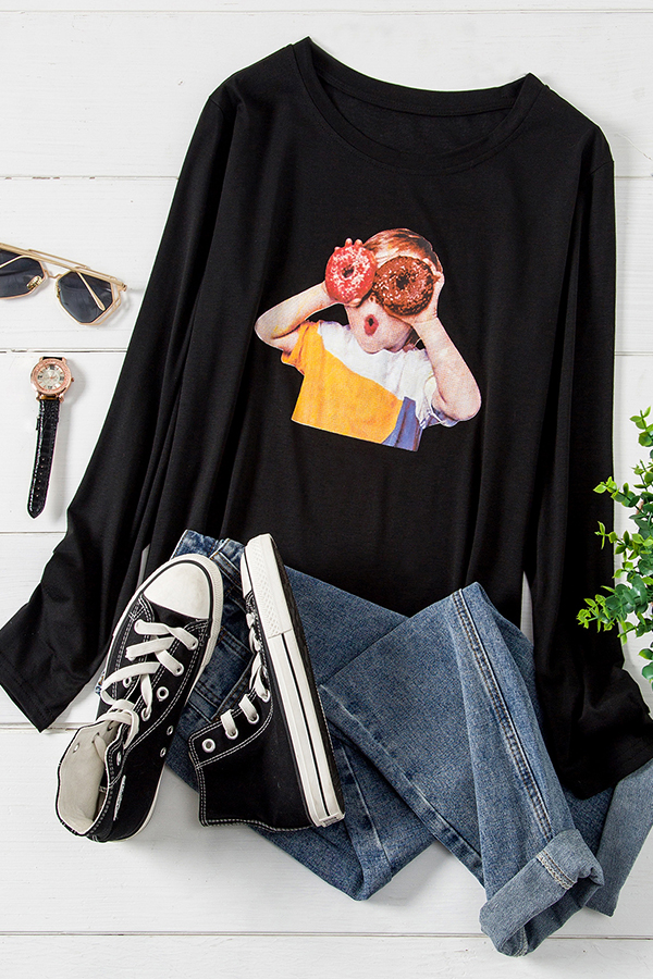 

Lovely Casual O Neck Print Black Plus Size T-shirt