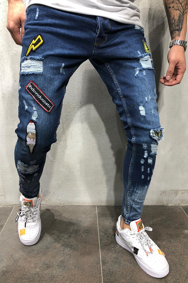 

Lovely Casual Patchwork Deep Blue Jeans
