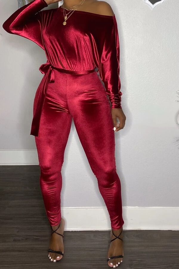 

Lovely Casual Dew Shoulder Wine Red One-piece Jumpsuit