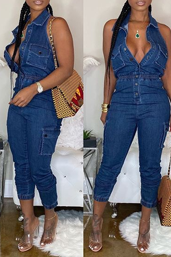

Lovely Sexy Backless Blue One-piece Jumpsuit