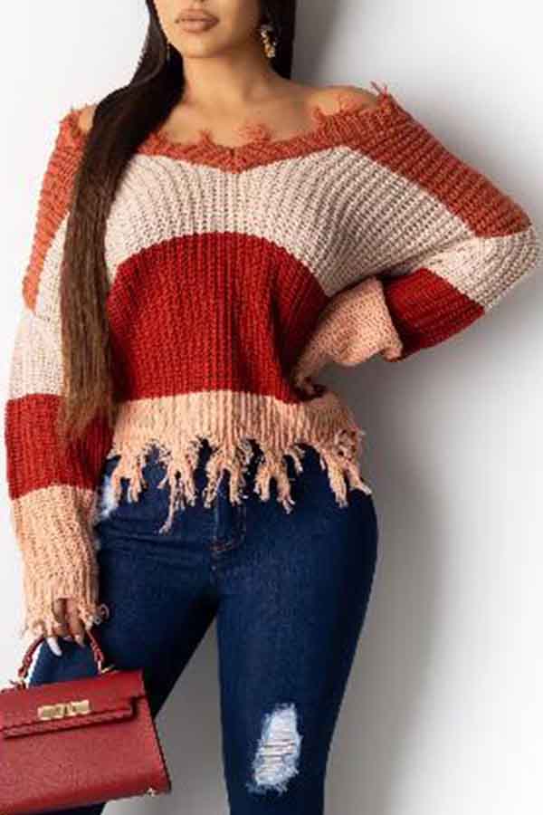 Lovely Casual V Neck Tassel Design Wine Red Sweater